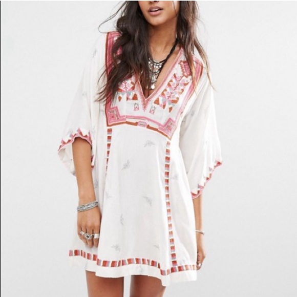 Free People Tulum 3/4 Bell Sleeve Embroidered Boho Tunic Mini Dress S - Picture 1 of 14